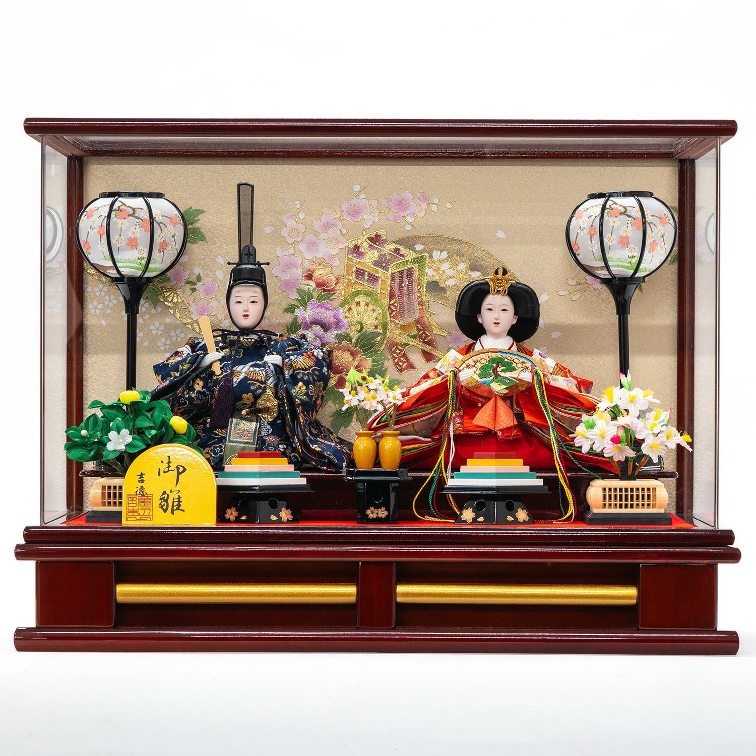 喜目作 三五親王 雛人形 高級木製品 七人飾り ガラスケース入り オルゴール